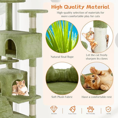 Sweetcrispy 54 Inch Cat Tree Tower, Multi-Level with Cat Scratching Post, Indoor Cat Condo with Climbing Ladder, Plush Toy, Play House for Cat, Green