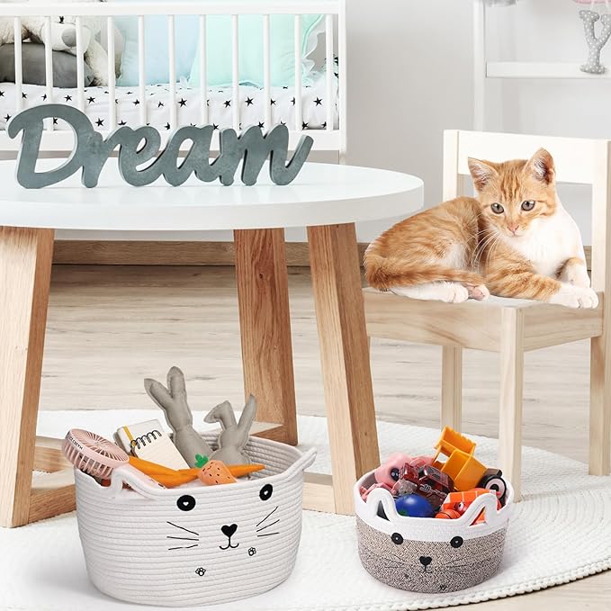 Zopeal Cat Basket Storage Woven Organizer with Ears Easter Decorative Pet Toy Cute Cotton Rope Basket for Gift Cat Dog Toy Bin Nursery Room(8.3 x 4.7 Inch,Gradient Khaki)