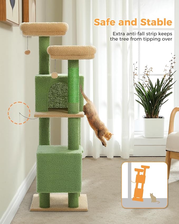 MUTTROS 52.4" Cactus Cat Tree, Cute Cat Tower for Indoor Cats with 2 Padded Perches, 2 Cozy Condos & Sisal Scratching Posts, Green