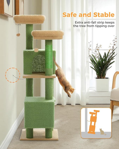MUTTROS 52.4" Cactus Cat Tree, Cute Cat Tower for Indoor Cats with 2 Padded Perches, 2 Cozy Condos & Sisal Scratching Posts, Green