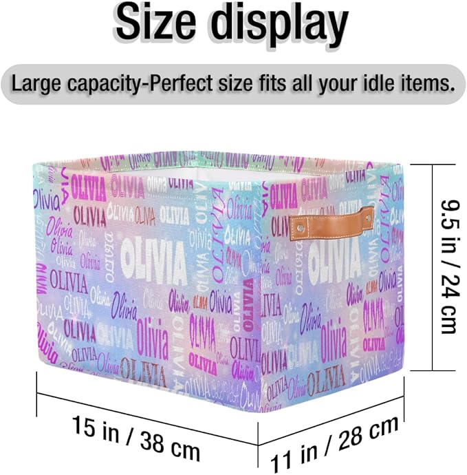 Personalized Storage Basket with Name, Rectangle Toys Storage Bin with Handles for Baby, Boys, Girls, Collapsible Basket for Clothes, Books, Light Blue Purple Colorful Galaxy