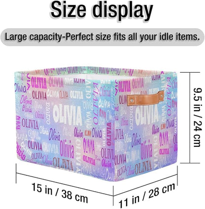 Personalized Storage Basket with Name, Rectangle Toys Storage Bin with Handles for Baby, Boys, Girls, Collapsible Basket for Clothes, Books, Light Blue Purple Colorful Galaxy