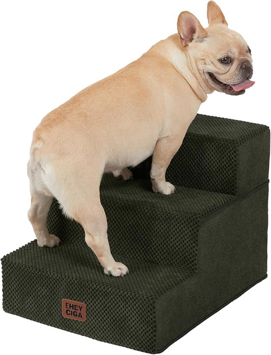 EHEYCIGA Dog Stairs for Small Dogs 13.5" H, 3-Step Dog Steps for Couch Sofa and Chair, Pet Steps for Medium Cats, Non-Slip Balanced Pet Ramp Indoor, Military Green