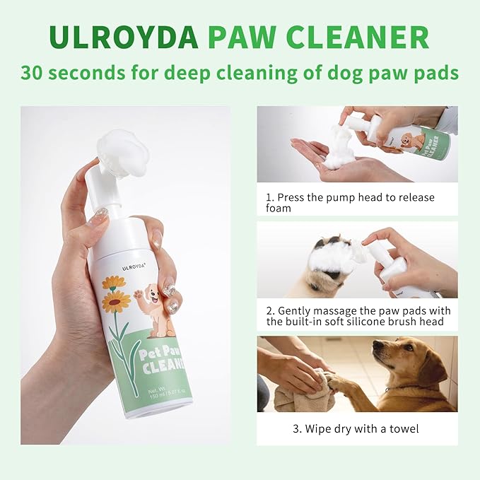 No-Rinse Dog Paw Cleaner, Foaming Pet Paw Washer with Soft Silicone Brush, Waterless Dry Shampoo for Dogs and Cats, Effectively Removes Dirt & Odor, Moisturizing Paw Care, 5.07 fl oz