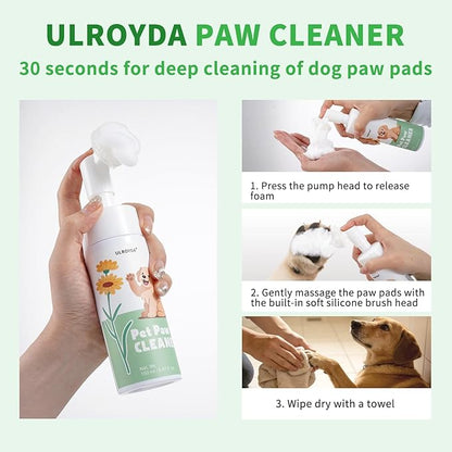 No-Rinse Dog Paw Cleaner, Foaming Pet Paw Washer with Soft Silicone Brush, Waterless Dry Shampoo for Dogs and Cats, Effectively Removes Dirt & Odor, Moisturizing Paw Care, 5.07 fl oz