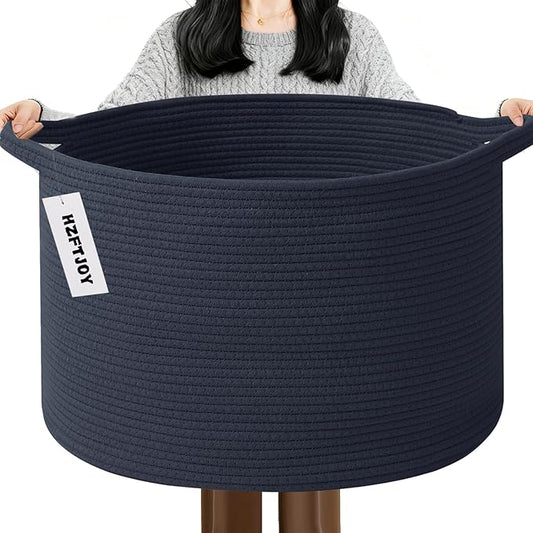 65L Large Blanket Basket,19.7" L x 19.7" W x 13" H Rope Woven Baskets with Handles, Toys Storage Bins,Laundry Basket Perfect for Living Room, Nursery,Bedroom,Home Organization,Dark Blue