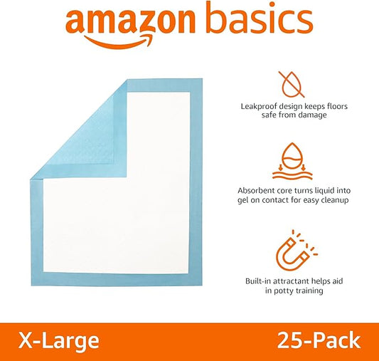 Amazon Basics Super Absorbent Dog and Puppy Potty Pads, Leak-Proof 5-Layer Design with Quick-Dry Surface for Housebreaking, Heavy Duty Absorbency, X-Large, 28 x 34 Inch, Blue & White, 25-Pack