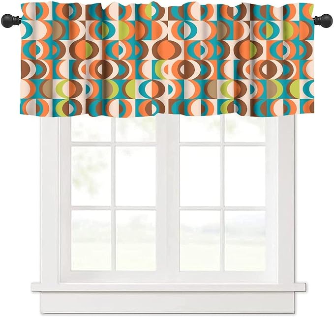 Retro Mid Century Valance Curtains, Colorful 50S 60S 70S Style Vintage Boho Abstract Geometric Circles Window Curtain Valance for Bedroom Living Room Kitchen 54x18inch