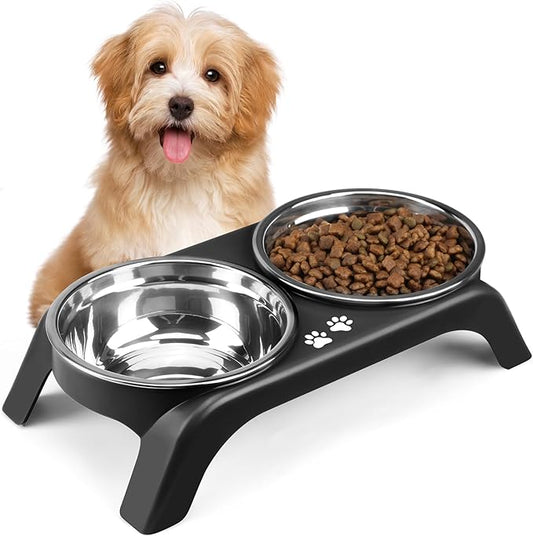 Elevated Dog Bowls for Small Dogs, 3” High Raised Dog Bowl Stand with Dual 5” Stainless Steel Bowls Non-Slip Pet Feeder for Puppy and Cats, Dishwasher Safe, Black