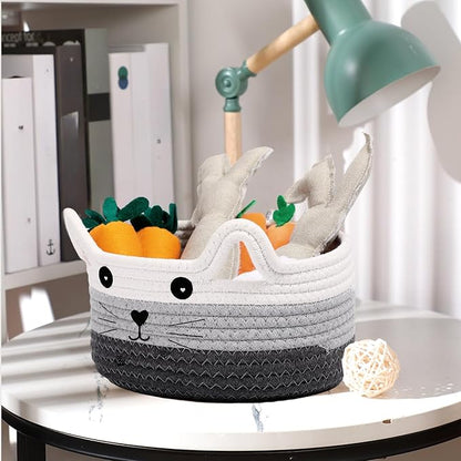 Zopeal Cat Basket Storage Woven Organizer with Ears Easter Decorative Pet Toy Cute Cotton Rope Basket for Gift Cat Dog Toy Bin Nursery Room(8.3 x 4.7 Inch,White, Light Gray and Gray)
