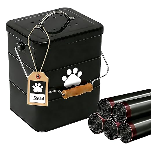 Small Dog Poop Trash Can Outside,1.5Gal/6L Metal Dog Waste Trash Can with Lid/Filter/Handle,Pet Waste Container Bucket with 75 Trash Bags-Black