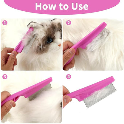 TIESOME Pet Hair Comb Tear Stain Removal,2 Pack Multifunctional Pets Grooming Comb Kit 2 in 1 Dog Combs Stainless Grooming Massage Dual-Sided Comb for Knots Crust Floating Hair Tangle Fleas(Pink)