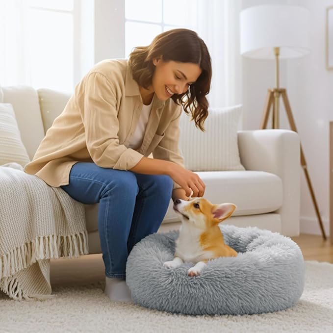 Calming Anti-Anxiety Donuts Dog And Cat Bed, Round Fluffy Soft Washable Small Medium Pet Bed For Puppy And Kitten, Cuddler Warming Comfortable Cushion, Luxury Anti-Slip Waterproof Mute Base 32in Gray
