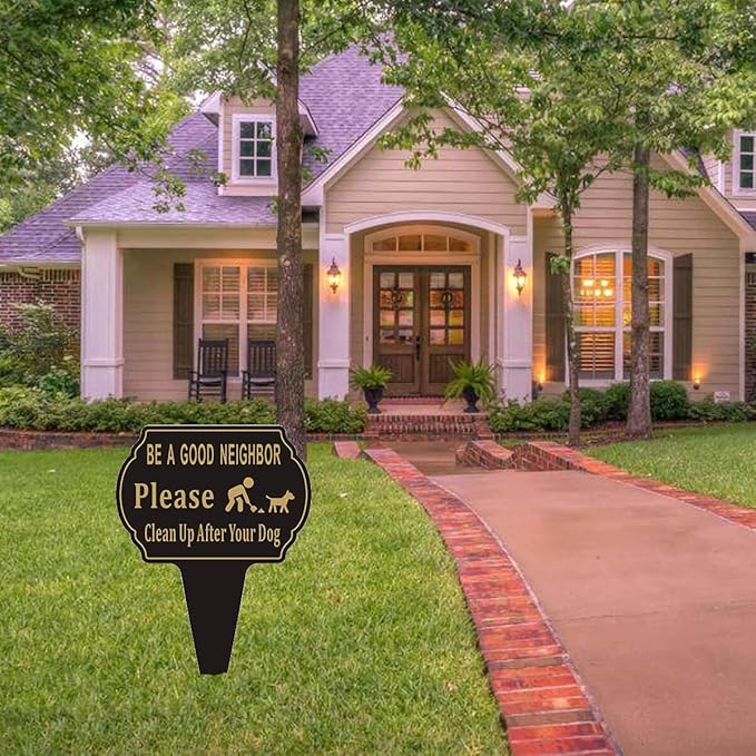 Clean Up after Your Dog No Pooping Sign, 13.6"x9.6" Metal Sign for Yard with Integrated Stake, Double Sided Printed, Outdoor Use