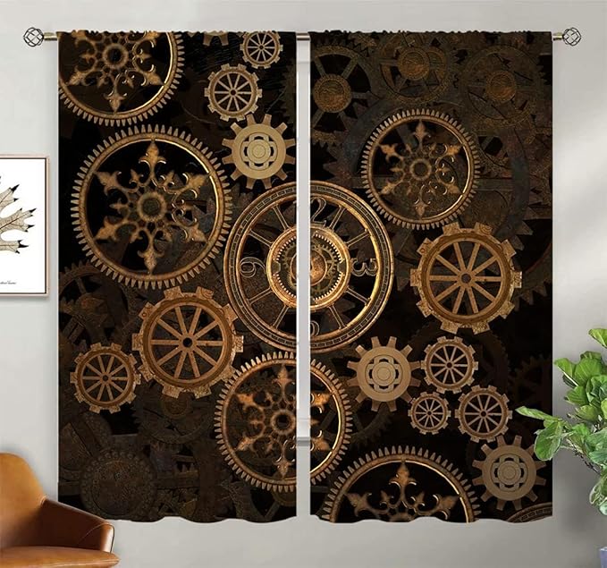 Steampunk Blackout Curtains for Home Decor,Steam Punk Gears Background Rod Pocket Thermal Insulated Drapes Darkening Window Curtain for Girls Boy Bedroom Living Room 42 x 63 Inch