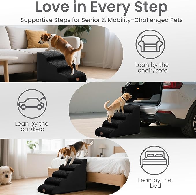 GoGoBunny Ramp Dog Stairs for High Beds 24.4" H, 5-Step Extra Wide Dog Slope Stairs with Durable Waterproof Fabric Cover, Pet Steps for Old Large Dogs Climbing, Non-Slip Sturdy Indoor Step, Black