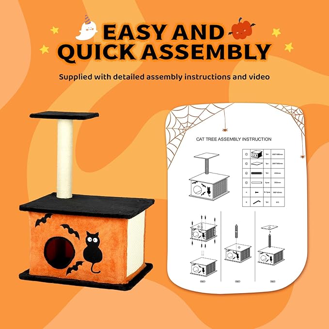 VINGLI 43.4in Halloween Cat Tree Tower, Indoor Gothic Cat House with Sisal-Covered Scratching Posts & Platforms & Cat House Caves Box with Gesture, Black & Orange