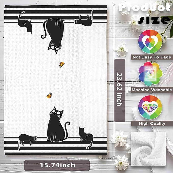 Cat Kitchen Towels - Quick-Dry Black Feline Gathering Art with Butterfly Watcher, Decorative Hand Towel for Humorous Pet Moms | Kitchen Dish & Bathroom Towels Decorative, Crazy Cat Lady Gifts