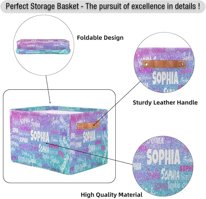 Personalized Foldable Storage Basket with Name, Laundry Hamper Dirty Clothes Pet Toys Storage Bin with Handles for Shelf Home Closet Kitchen, Gradient Purple Blue Glitters Print