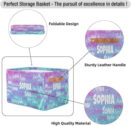 Personalized Foldable Storage Basket with Name, Laundry Hamper Dirty Clothes Pet Toys Storage Bin with Handles for Shelf Home Closet Kitchen, Gradient Purple Blue Glitters Print