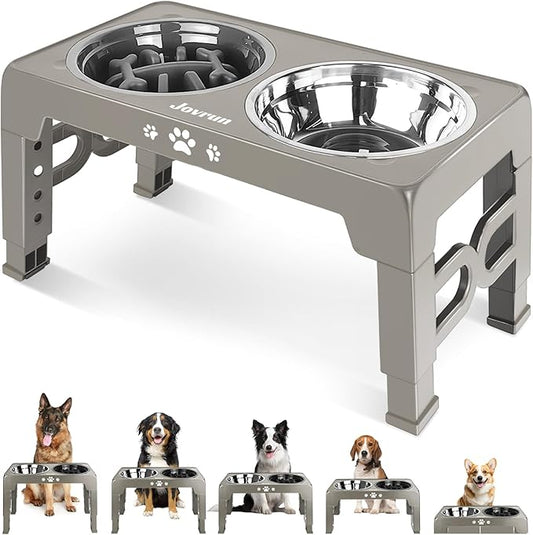 Elevated Dog Bowls, Non-Slip Dog Feeder with 1*Stainless Steel Dishes & 1*Slow Feeder Bowl, 5 Heights Adjustable Raised Bowls for 3.15″-8.66″-9.84″-11.02″-12.2″