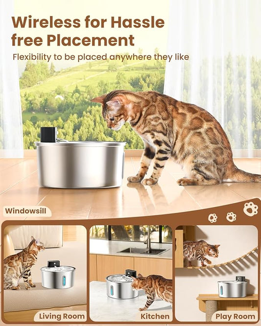 PawPoll Wireless Cat Water Fountain Stainless Steel - 3.2L/108oz Cordless Pet Water Fountain Battery Operated Cats Water Dispenser Silent Rechargeable Automatic Fountain with 6 Filters 3 Sponges