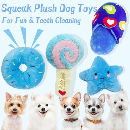 Dog Toys for Small Dogs, 4 Packs Cute Chew Toys for Puppy, Durable Soft Plush Small Dog Toys, Blue Stars Designs, Puppy Teething Toys