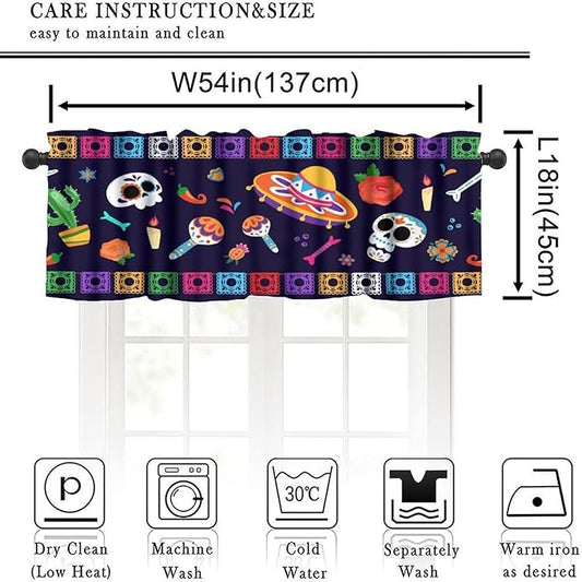 Mexico Valance Curtains Mexican Traditional Paper Lace Skull Pattern Window Treatment Valances Short Curtains Rod Pocket Drape for Dining Room Home Kitchen Decor, 54x18inch