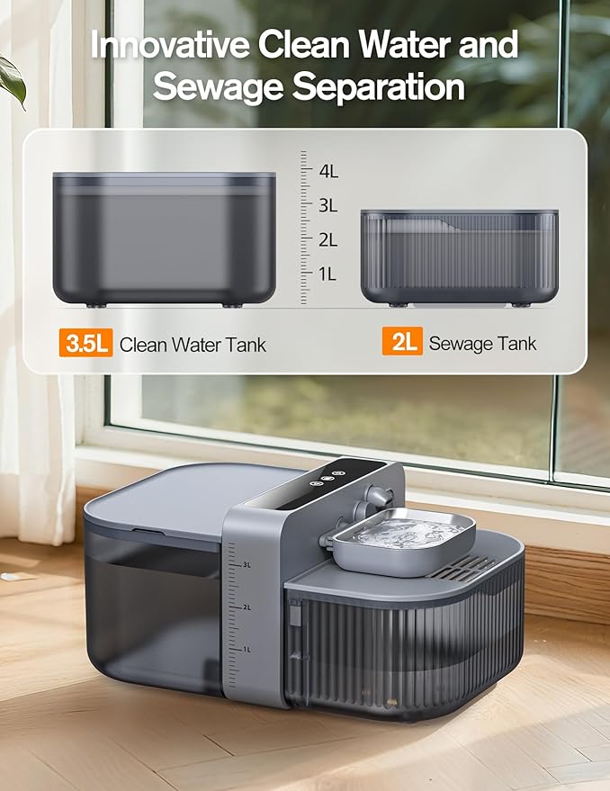 Chumajor 3.5L Wireless Cat Water Fountain with No Filters, 180-Day Battery & Precision Flow Control,Smart Pet Water Dispenser with Wastewater Separation & Custom Scheduling for Cats & Dogs, Grey