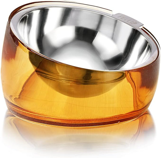 Felli Pet Oblik Acrylic Raised Dog Food Water Bowl Stainless Steel Slanted Oval Dish for Short Leg Puppy & Small Medium Pet, Elevated Tilted Metal Feeder(Gold, 1.5 Cups Oval Dish)