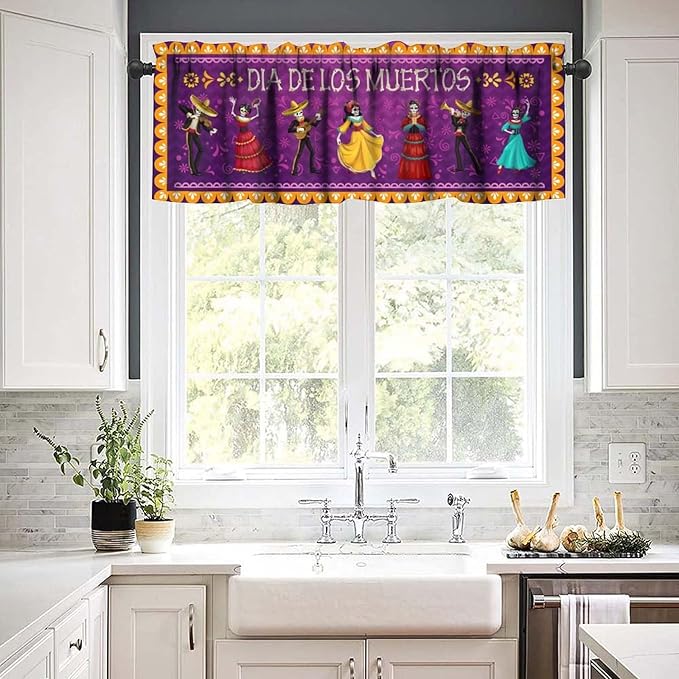 Mexican Style Valances Curtain for Kitchen, Dia De Los Muertos Carnival Holiday Musicians Pattern Window Treatment Valances Short Curtains Rod Pocket Drape for Dining Room Home Decor, 54x18inch