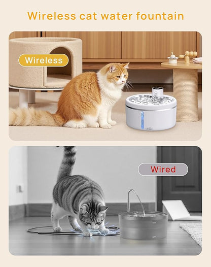 Wireless Cat Water Fountain with Stainless Steel Tray, 84oz/2.5L Pet Fountain for Cats Inside, Cat Fountain for Drinking with Motion Sensor, Ultra Quiet Pump for Pets&Small Animals (84oz+2Filters)