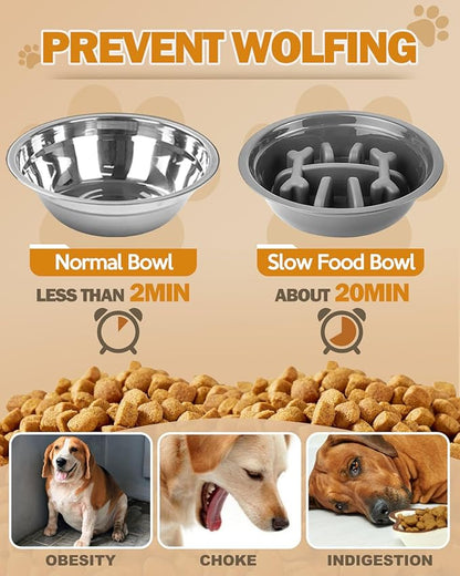 Elevated Dog Bowls, Non-Slip Dog Feeder with 1*Stainless Steel Dishes & 1*Slow Feeder Bowl, 5 Heights Adjustable Raised Bowls for 3.15″-8.66″-9.84″-11.02″-12.2″