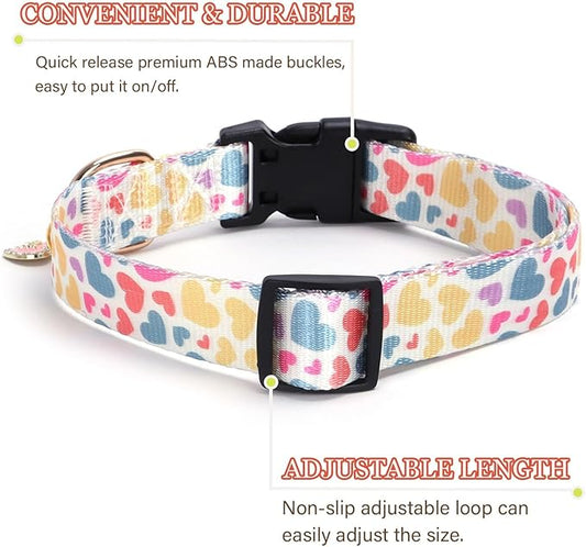 Love Pattern Dog Collar with Buckle Adjustable Safety Nylon Collars for Small Medium Large Dogs, Cute Stylish Girl Boy Christmas Dog Collar(White Heart,XL)
