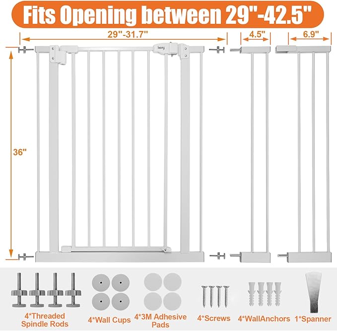 keny 36" Extra Tall Baby Gate for Stairs, 29"-42.5" Wide Auto Close Dog Gate, Pressure Mounted Easy Walk Through Pet Gate for Doorways, Durable Safety Stair Gate, White