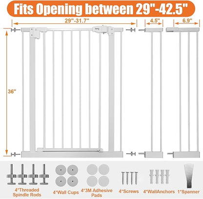 keny 36" Extra Tall Baby Gate for Stairs, 29"-42.5" Wide Auto Close Dog Gate, Pressure Mounted Easy Walk Through Pet Gate for Doorways, Durable Safety Stair Gate, White