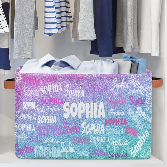 Personalized Foldable Storage Basket with Name, Laundry Hamper Dirty Clothes Pet Toys Storage Bin with Handles for Shelf Home Closet Kitchen, Gradient Purple Blue Glitters Print
