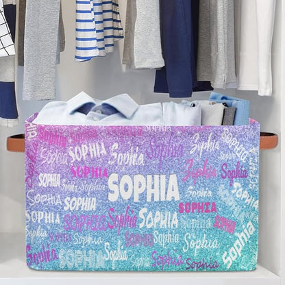 Personalized Foldable Storage Basket with Name, Laundry Hamper Dirty Clothes Pet Toys Storage Bin with Handles for Shelf Home Closet Kitchen, Gradient Purple Blue Glitters Print
