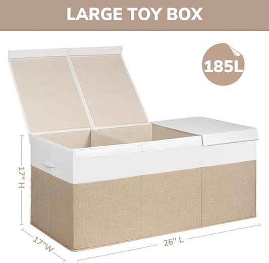 INDRESSME 185L Extra Large Toy Box, Toy Storage Organizer Collapsible Storage Bins with Lids Toy Chest for Playroom, Living Room, Toy Baskets Storage Kids, Boys Girls 39" x 17" x 17" (Beige & White)