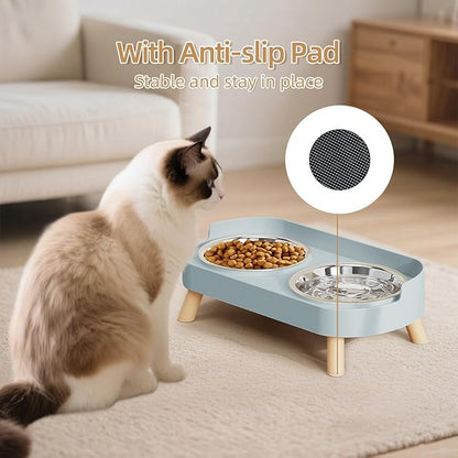 Elevated Cat Bowl, Raised Cat Food and Water Bowl Set for Indoor Cats, Splash Proof with 2 Stainless Steel Pet Food Bowls for Cats and Puppies, Whisker Fatigue and Dishwasher Safe - Blue