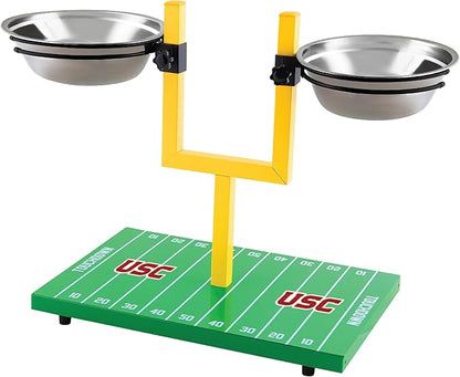 NCAA USC Trojans Goalpost Football Field Dog Feeder – Adjustable Elevated Dog Bowls with Stand, 2 Stainless Steel Bowls, Non-Slip Rubber Feet, Raised Pet Feeder for Large & Small Dogs