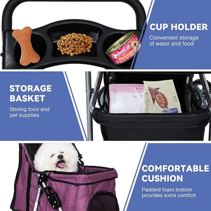 Dog Stroller for Small Dogs,Pet Stroller Strolling Cart 4 Wheels Folding Pet Gear Lightweight Waterproof with Storage Basket for Puppy Small Medium Dogs Cats for Travel,Purple