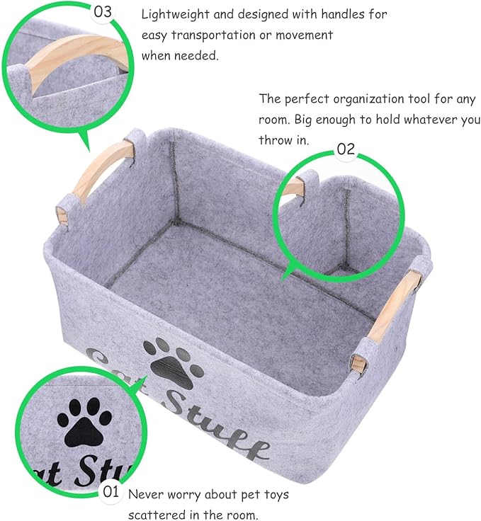 POPETPOP Pet Toy Storage Bin Felt Basket with Wooden Handles 15.35X10.62X7.08 Inch Organizer Container for Dog Cat Accessories Toys and Treats Storage