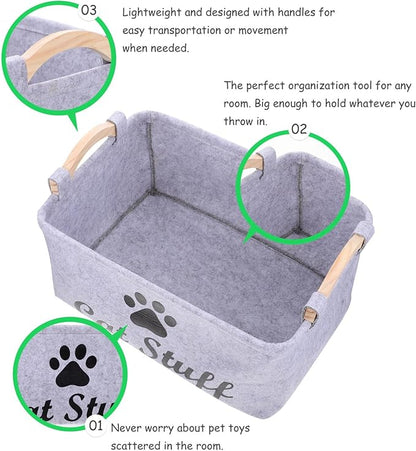 POPETPOP Pet Toy Storage Bin Felt Basket with Wooden Handles 15.35X10.62X7.08 Inch Organizer Container for Dog Cat Accessories Toys and Treats Storage
