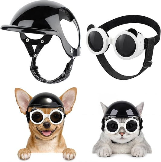 SlowTon Dog Helmet and Goggles - UV Protection Doggy Sunglasses Dog Glasses Pet Motorcycle Helmet Hat with Ear Holes Adjustable Belt Safety Hat for Small Medium Large Dogs Puppy Riding (Black, XS)
