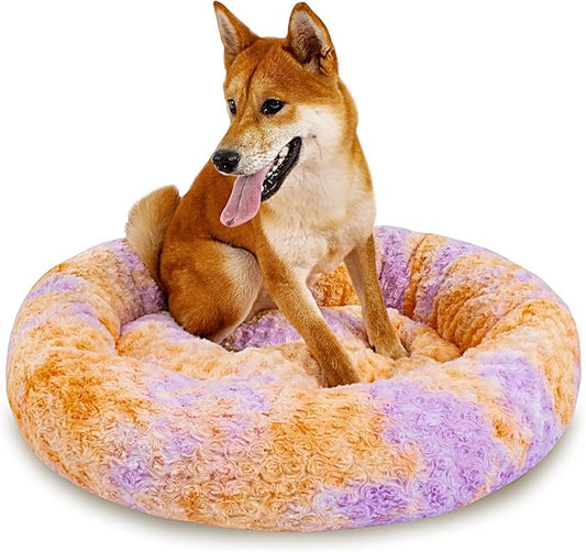 Calming Dog Bed for Medium Dogs Cats, Puppy 31'' Round Anti-Anxiety Warm Fluffy Plush Faux Fur Bed, Soft Anti-Slip Donut Washable, Cozy Medium Puppy Bed, Fits up to 50 lbs Pets