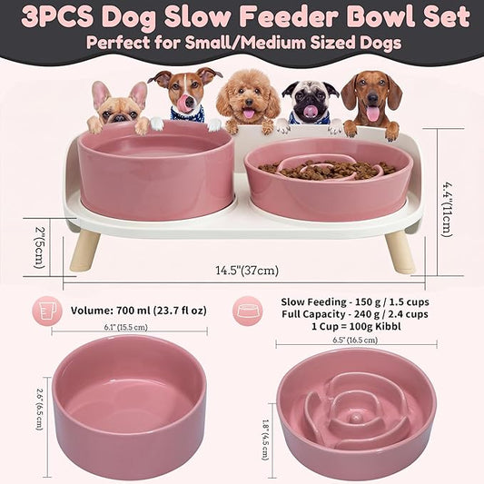 Elevated Slow Feeder Dog Bowls - Ceramic Food and Water Bowl Set with Stand - Raised Pet Dishes for Small and Medium Sized Dogs