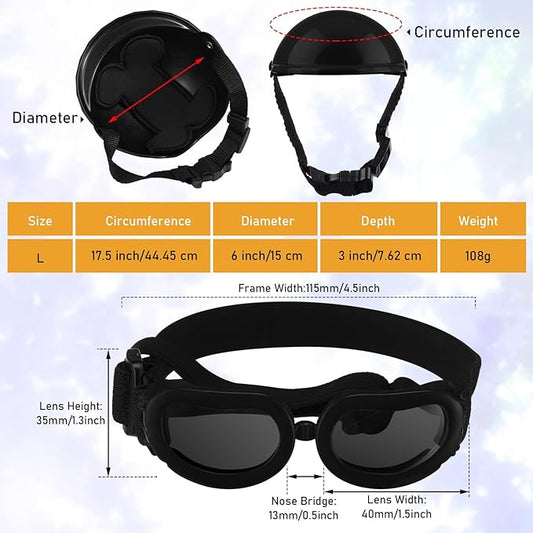 Frienda Dog Helmet and Goggles, UV Protection Doggy Sunglasses and 4 Inch Padded Puppy Motorcycle Helmet Adorable Dog Goggles with Adjustable Belt for Small Dogs Puppy Riding(Black,L)