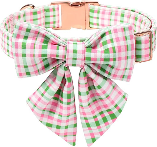 Maca Bates Plaid Dog Collar with Sailor Bow Tie,Cherry Pink Green Gingham Pattern for Medium Girl Boy Dogs,Adjustable Durable Soft Collars Irish Gift for Male Female Puppy