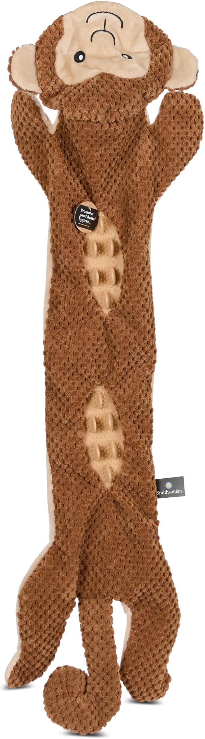 Smithsonian Longamals Monkey Plush Dog Toy – 30" Crinkle & Squeaky, Stuffing-Free Interactive Tug Toy for Medium & Large Dogs